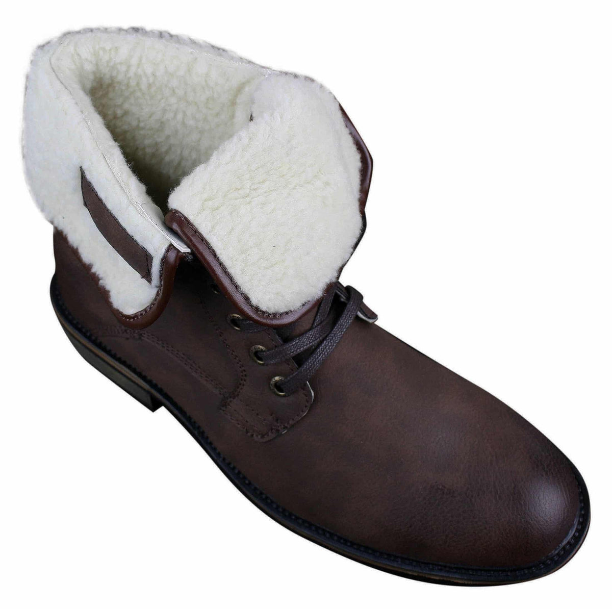 Botas militares casuales de cuero negro y marrón hasta el tobillo para hombre, forradas con forro polar y de piel sintética.