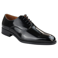 Zapatos Oxford elegantes y formales de charol negro para hombre, con cordones brillantes y punta redonda clásica.