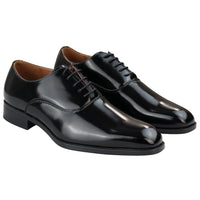 Zapatos Oxford elegantes y formales de charol negro para hombre, con cordones brillantes y punta redonda clásica.