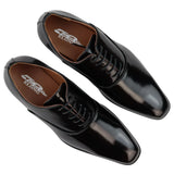 Zapatos Oxford elegantes y formales de charol negro para hombre, con cordones brillantes y punta redonda clásica.