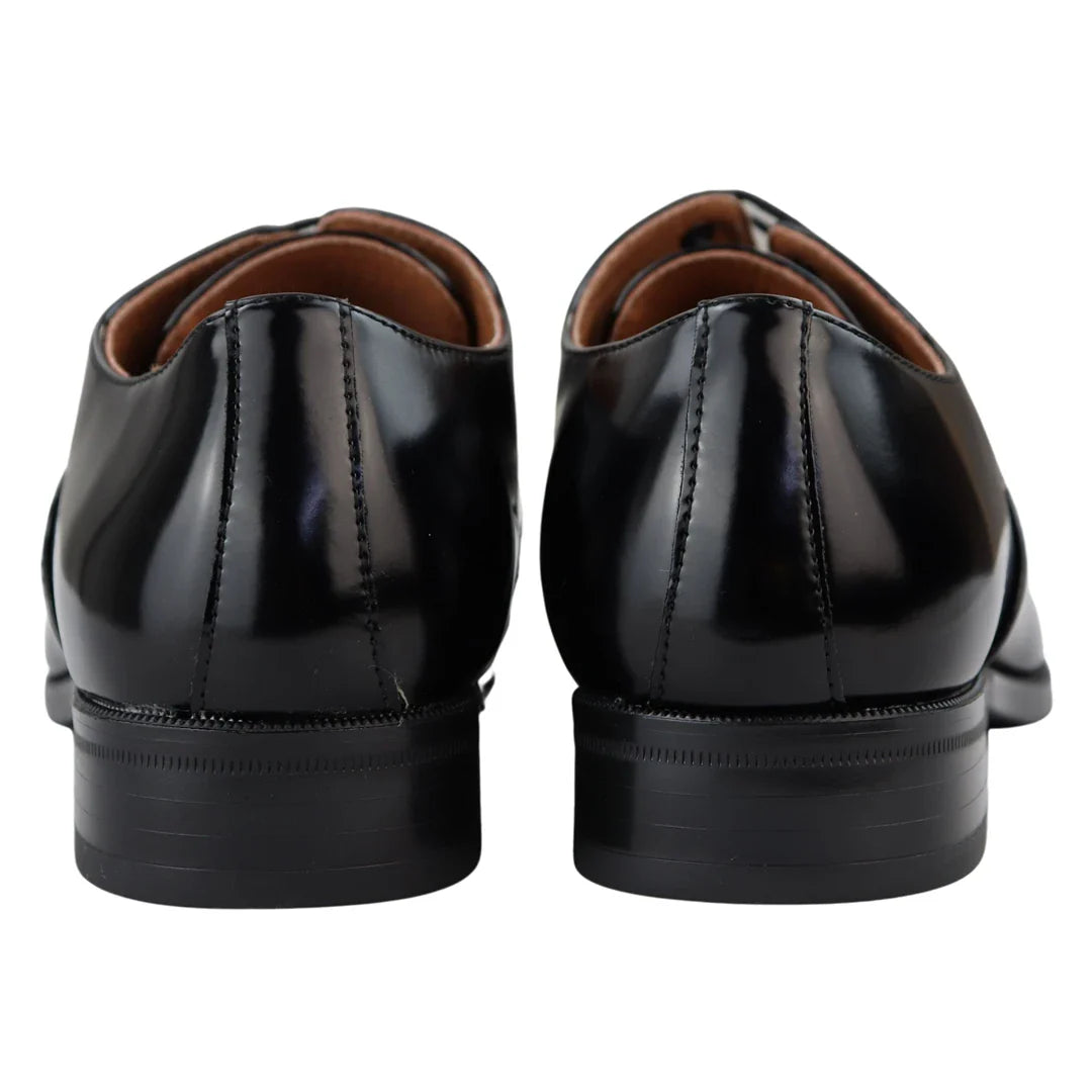 Zapatos Oxford elegantes y formales de charol negro para hombre, con cordones brillantes y punta redonda clásica.