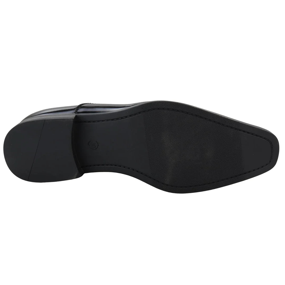 Zapatos Oxford elegantes y formales de charol negro para hombre, con cordones brillantes y punta redonda clásica.