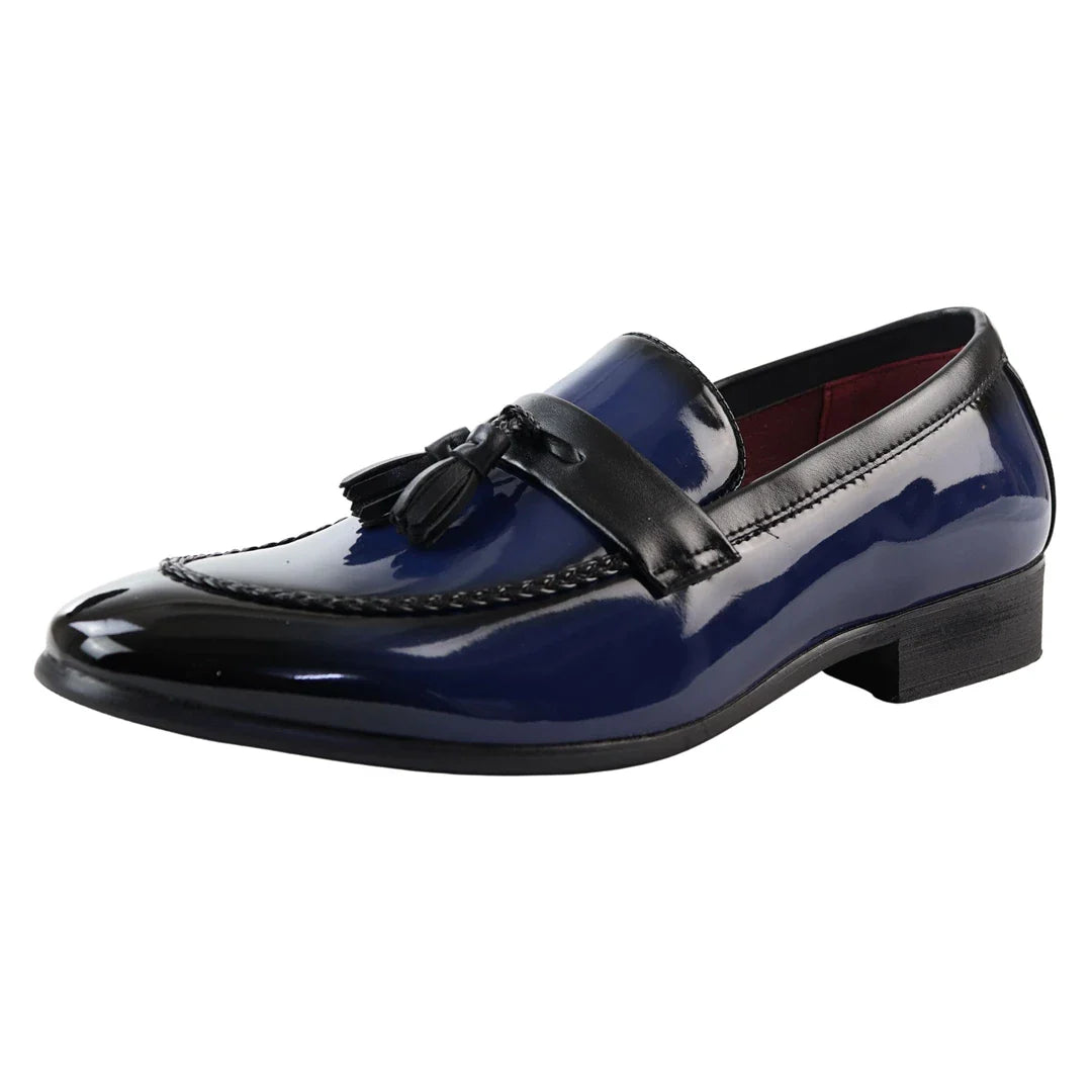 Mocasines azules de charol con borlas para hombre