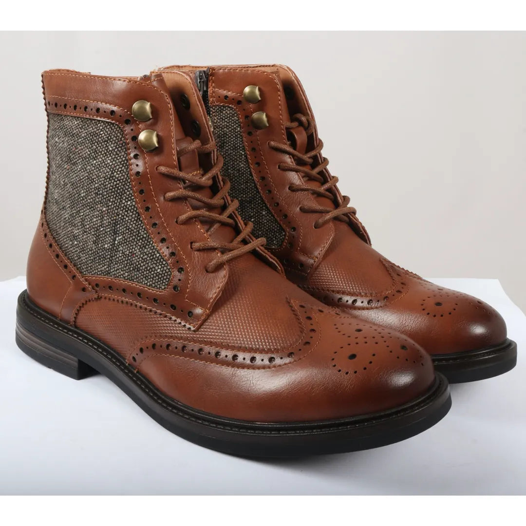 Botines de tobillo para hombre con cordones, estilo brogue, color marrón claro.