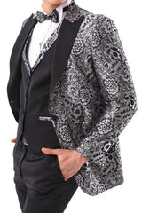 Traje de esmoquin negro con estampado floral plateado para hombre, 3 piezas, para bodas, graduaciones, fiestas, ceremonias de novios.
