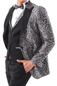 Traje de esmoquin negro con estampado floral plateado para hombre, 3 piezas, para bodas, graduaciones, fiestas, ceremonias de novios.
