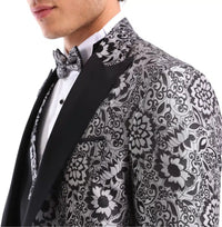Traje de esmoquin negro con estampado floral plateado para hombre, 3 piezas, para bodas, graduaciones, fiestas, ceremonias de novios.