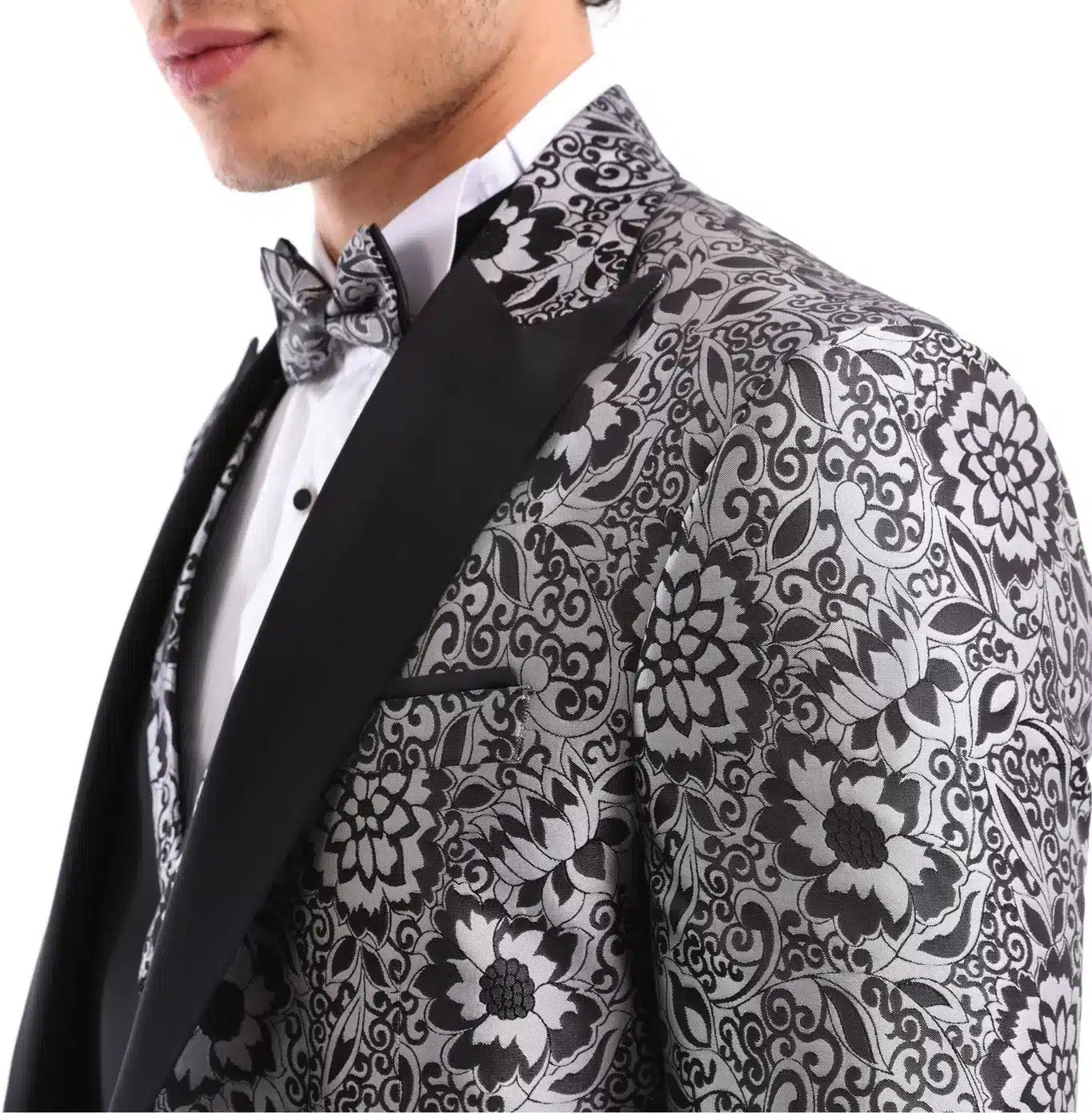 Traje de esmoquin negro con estampado floral plateado para hombre, 3 piezas, para bodas, graduaciones, fiestas, ceremonias de novios.