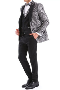 Traje de esmoquin negro con estampado floral plateado para hombre, 3 piezas, para bodas, graduaciones, fiestas, ceremonias de novios.