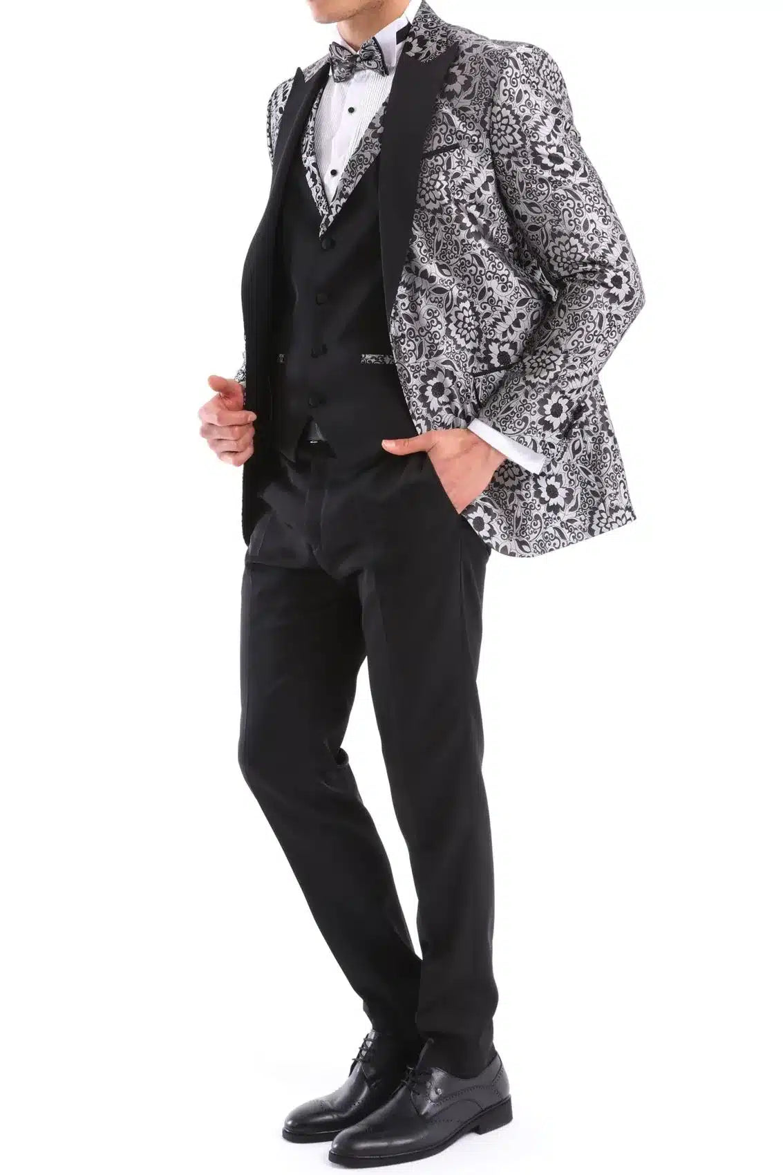 Traje de esmoquin negro con estampado floral plateado para hombre, 3 piezas, para bodas, graduaciones, fiestas, ceremonias de novios.