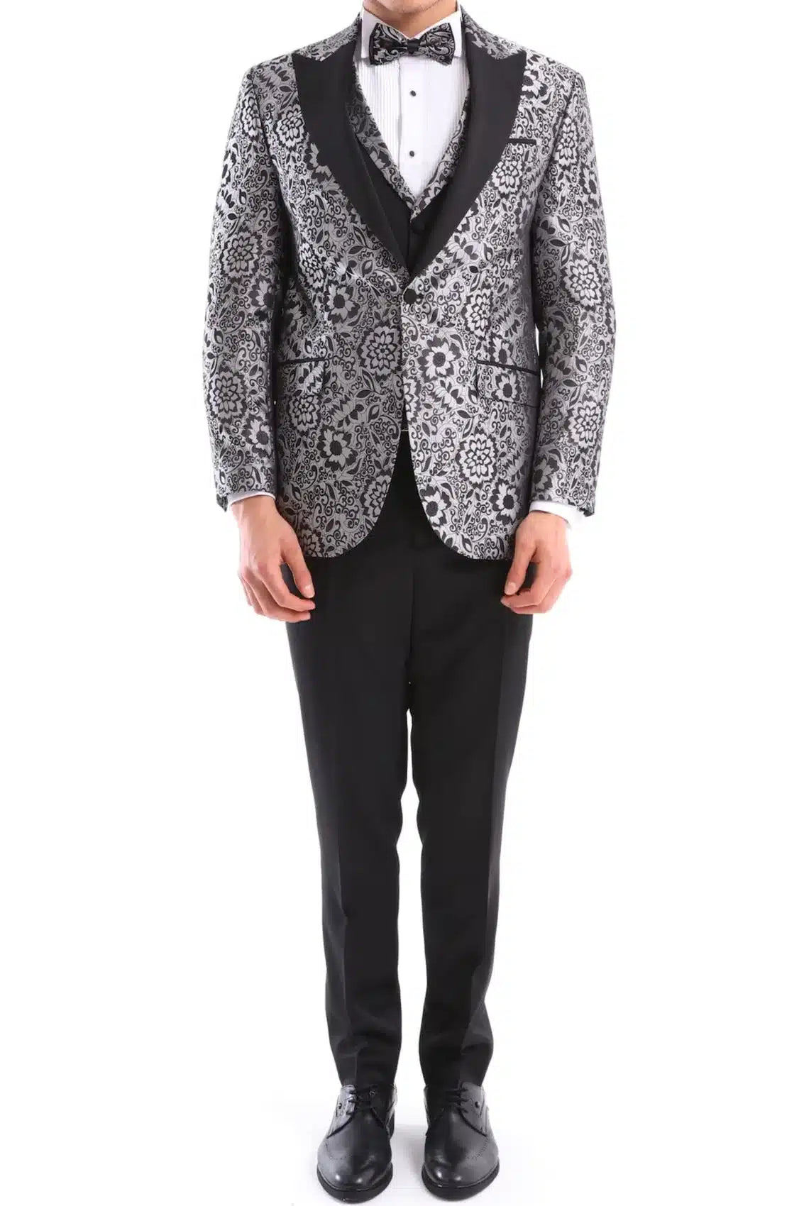 Traje de esmoquin negro con estampado floral plateado para hombre, 3 piezas, para bodas, graduaciones, fiestas, ceremonias de novios.