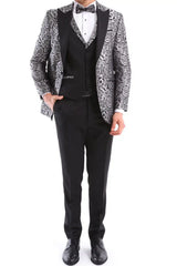 Traje de esmoquin negro con estampado floral plateado para hombre, 3 piezas, para bodas, graduaciones, fiestas, ceremonias de novios.