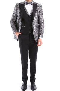 Traje de esmoquin negro con estampado floral plateado para hombre, 3 piezas, para bodas, graduaciones, fiestas, ceremonias de novios.