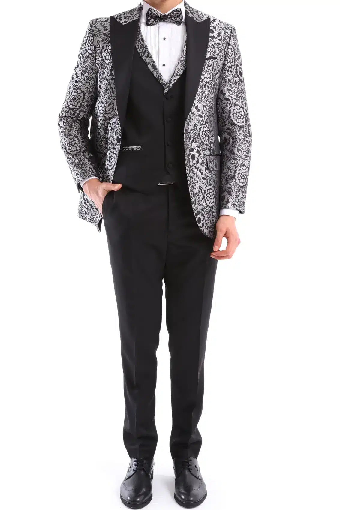 Traje de esmoquin negro con estampado floral plateado para hombre, 3 piezas, para bodas, graduaciones, fiestas, ceremonias de novios.