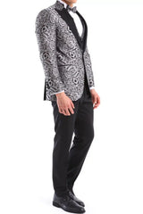 Traje de esmoquin negro con estampado floral plateado para hombre, 3 piezas, para bodas, graduaciones, fiestas, ceremonias de novios.