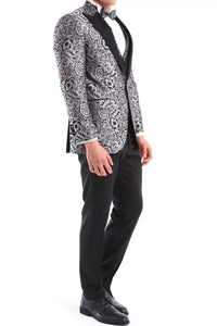 Traje de esmoquin negro con estampado floral plateado para hombre, 3 piezas, para bodas, graduaciones, fiestas, ceremonias de novios.