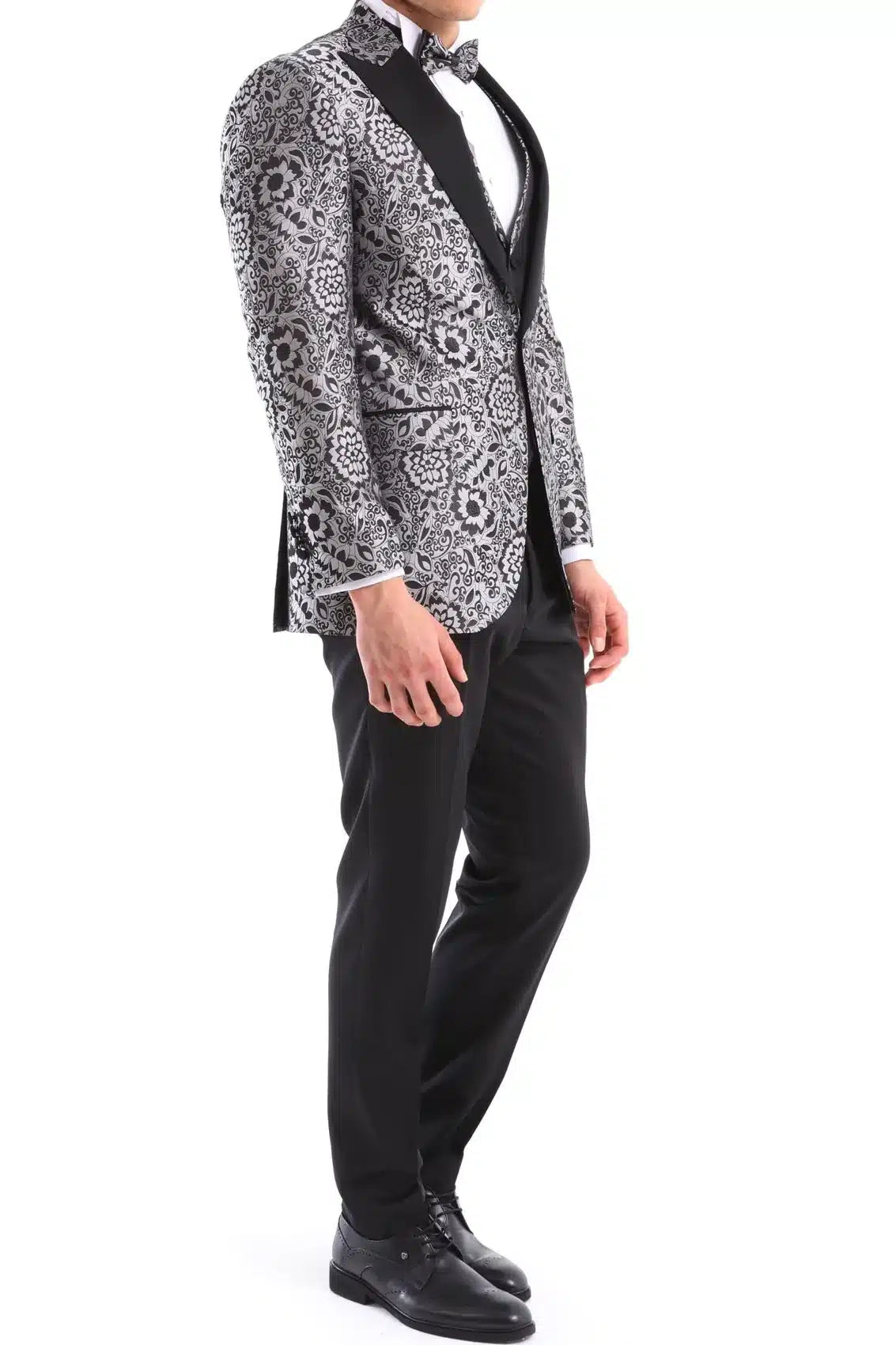 Traje de esmoquin negro con estampado floral plateado para hombre, 3 piezas, para bodas, graduaciones, fiestas, ceremonias de novios.