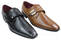 Zapatos de hombre de cuero marrón claro y negro, diseño italiano, hebilla metálica, sin cordones.