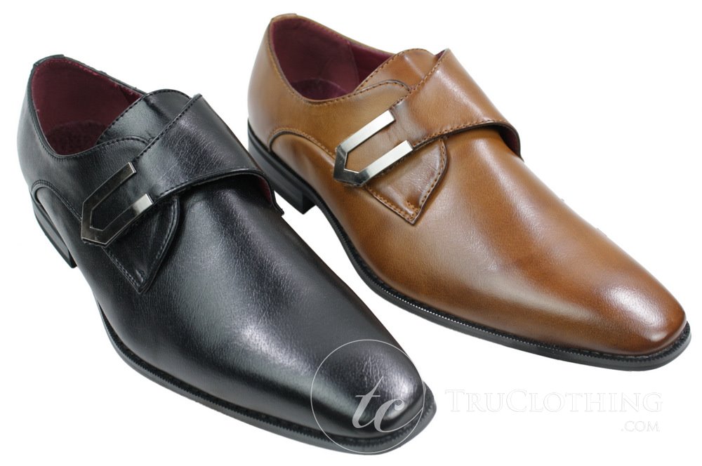Zapatos de hombre de cuero marrón claro y negro, diseño italiano, hebilla metálica, sin cordones.
