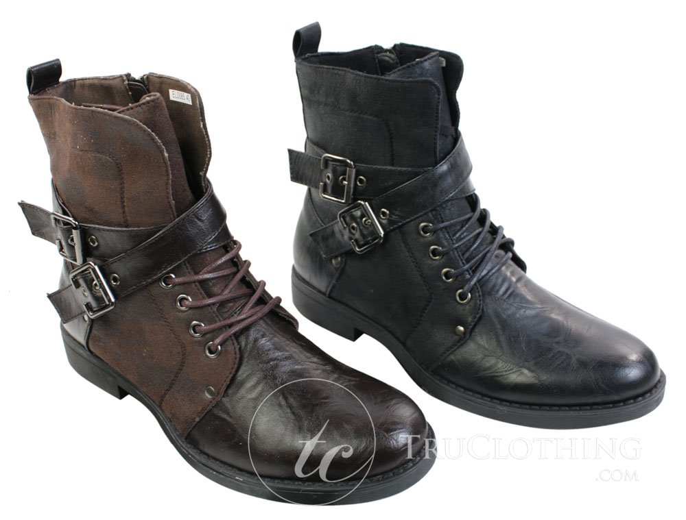 Botines de tobillo para hombre estilo punk rock gótico emo, de cuero marrón y negro con hebilla.