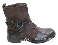Botines de tobillo para hombre estilo punk rock gótico emo, de cuero marrón y negro con hebilla.