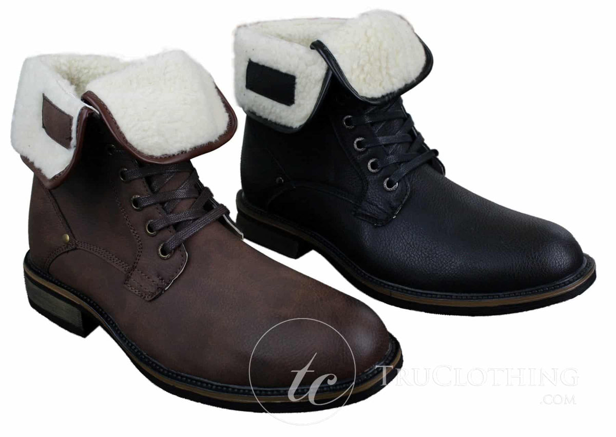 Botas militares casuales de cuero negro y marrón hasta el tobillo para hombre, forradas con forro polar y de piel sintética.