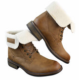 Botas militares casuales de cuero marrón claro con forro polar y botín para hombre.