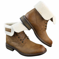 Botas militares casuales de cuero marrón claro con forro polar y botín para hombre.