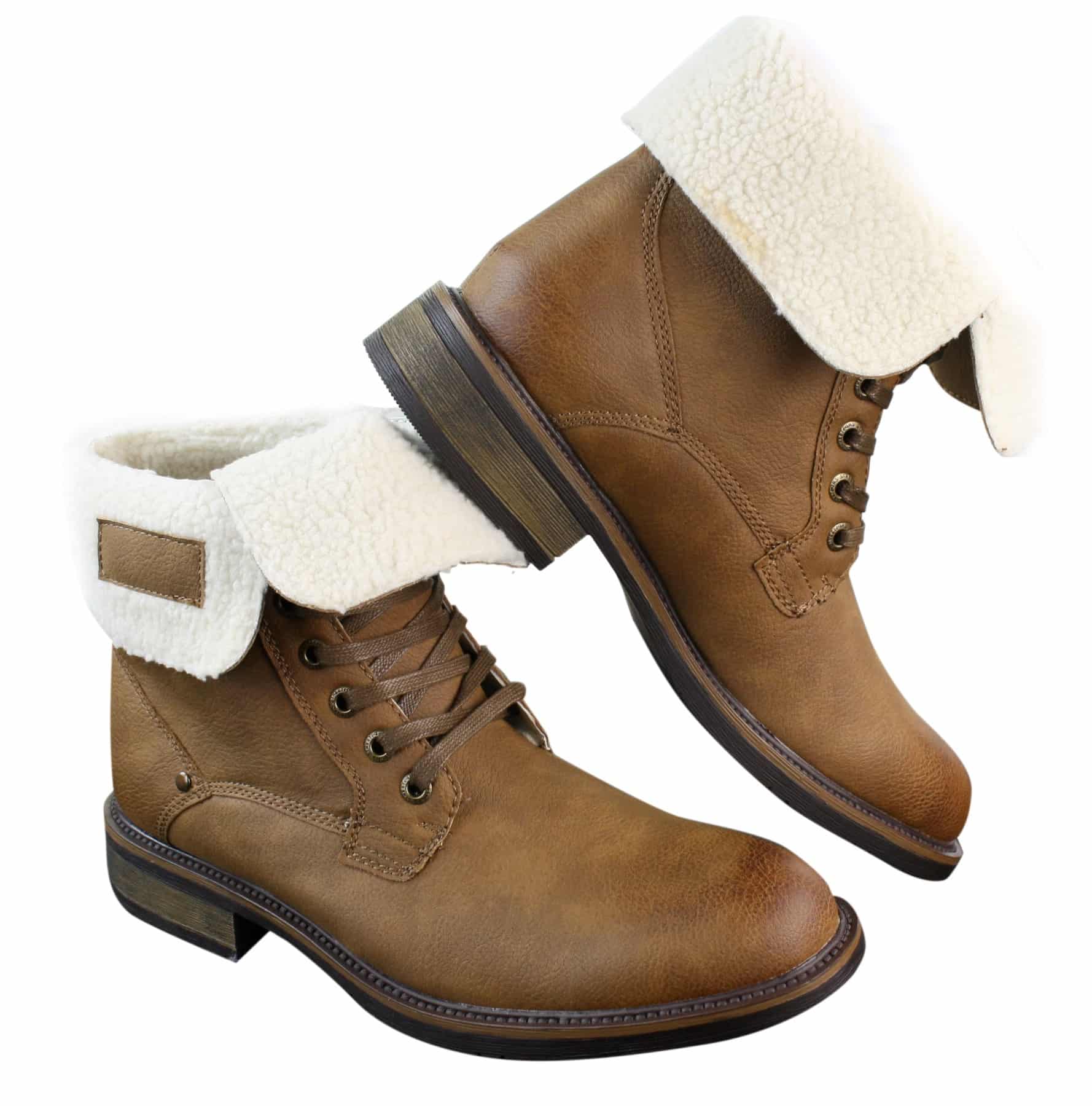 Botas militares casuales de cuero marrón claro con forro polar y botín para hombre.