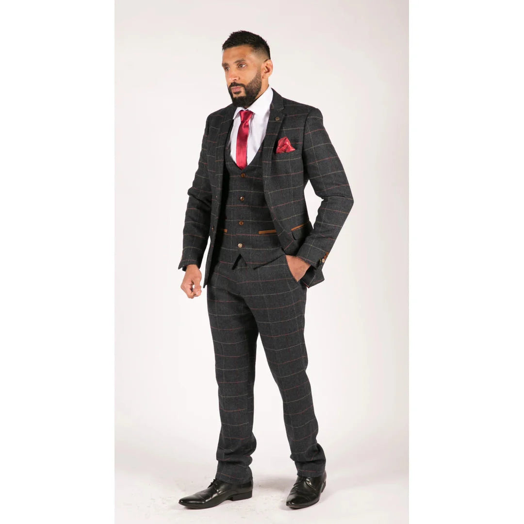 Traje de hombre Marc Darcy de 3 piezas, nuevo, con estampado de cuadros azul marino y espiga.