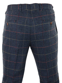 Pantalones de hombre azul marino vino, estampado a cuadros de espiga, tweed, estilo vintage, nuevos, Marc Darcy