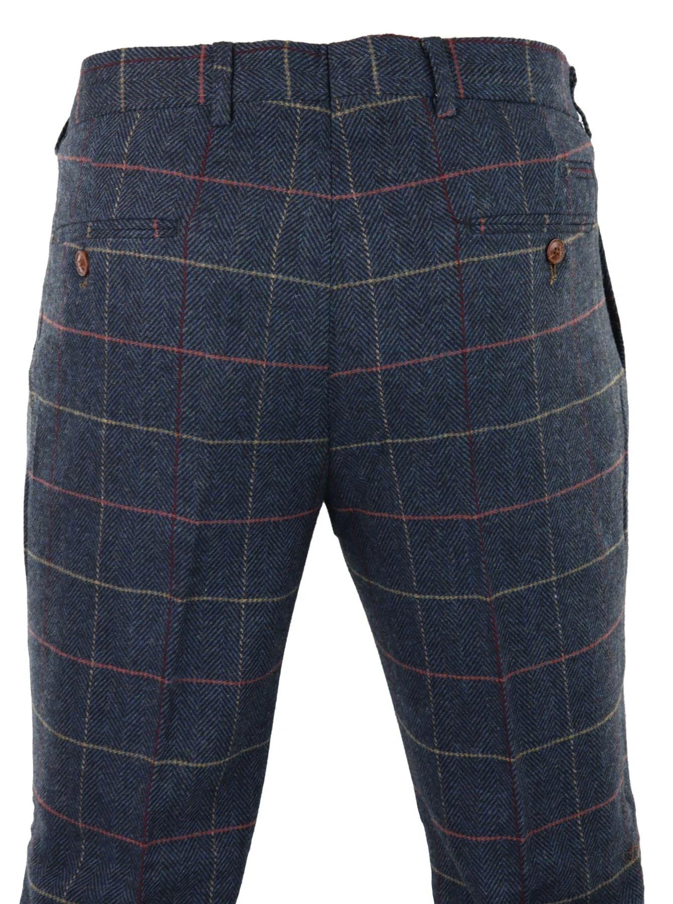 Pantalones de hombre azul marino vino, estampado a cuadros de espiga, tweed, estilo vintage, nuevos, Marc Darcy