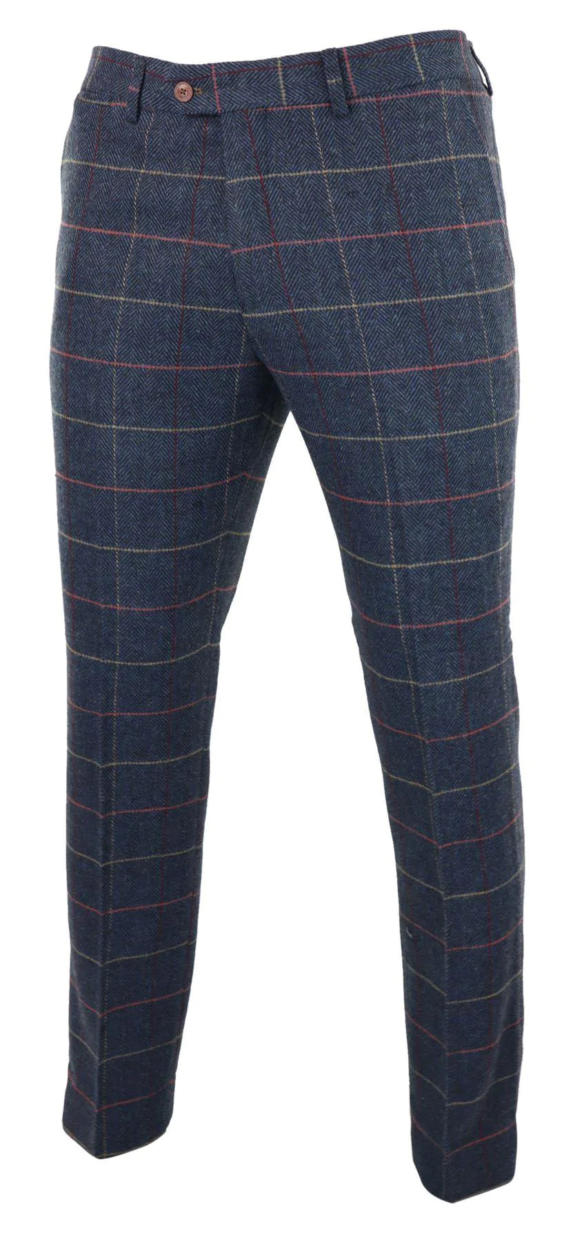 Pantalones de hombre azul marino vino, estampado a cuadros de espiga, tweed, estilo vintage, nuevos, Marc Darcy
