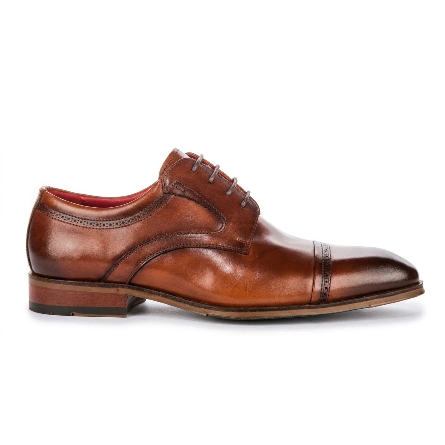 Everett - Zapatos Derby de hombre de cuero marrón pulido con puntera reforzada.