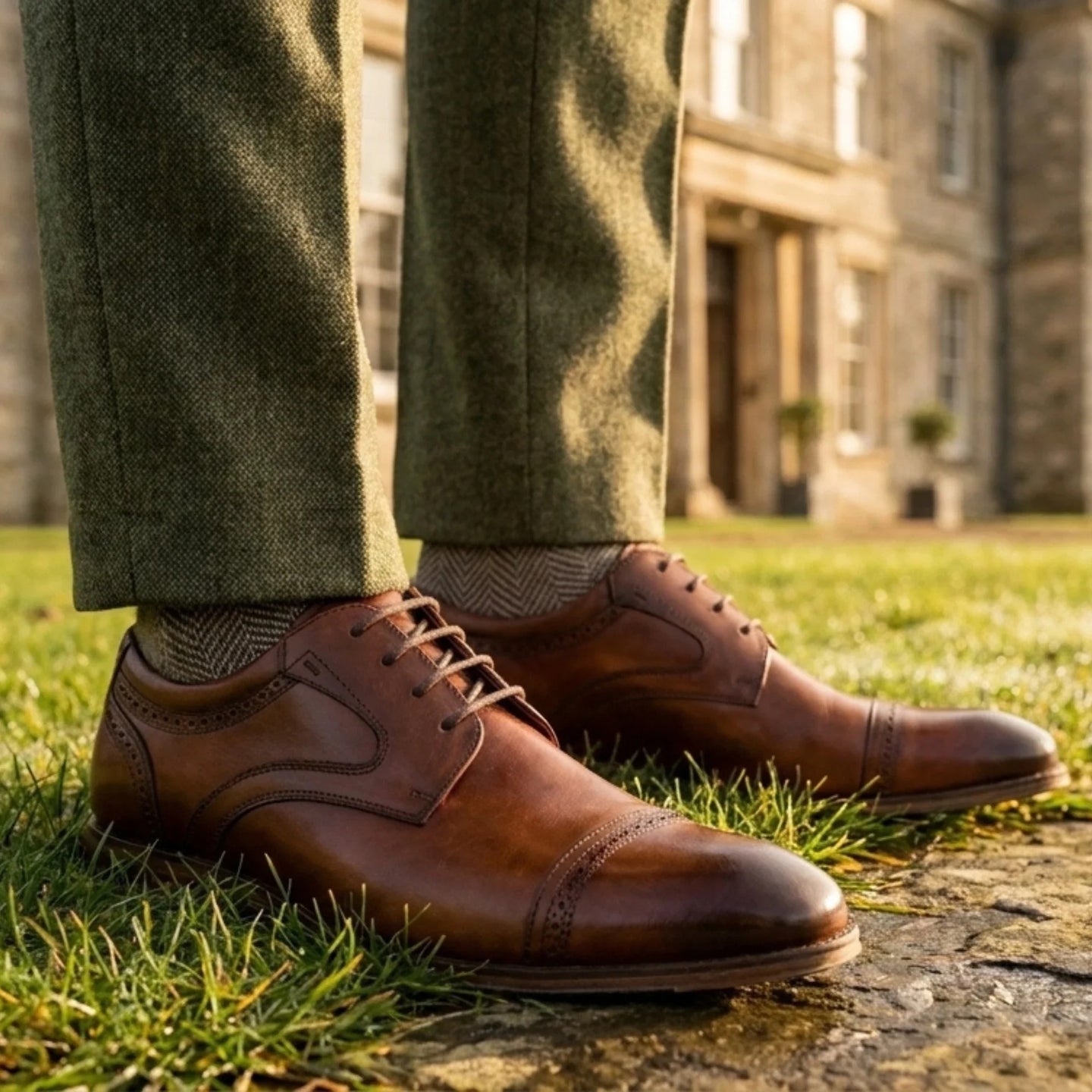 Everett - Zapatos Derby de hombre de cuero marrón pulido con puntera reforzada.