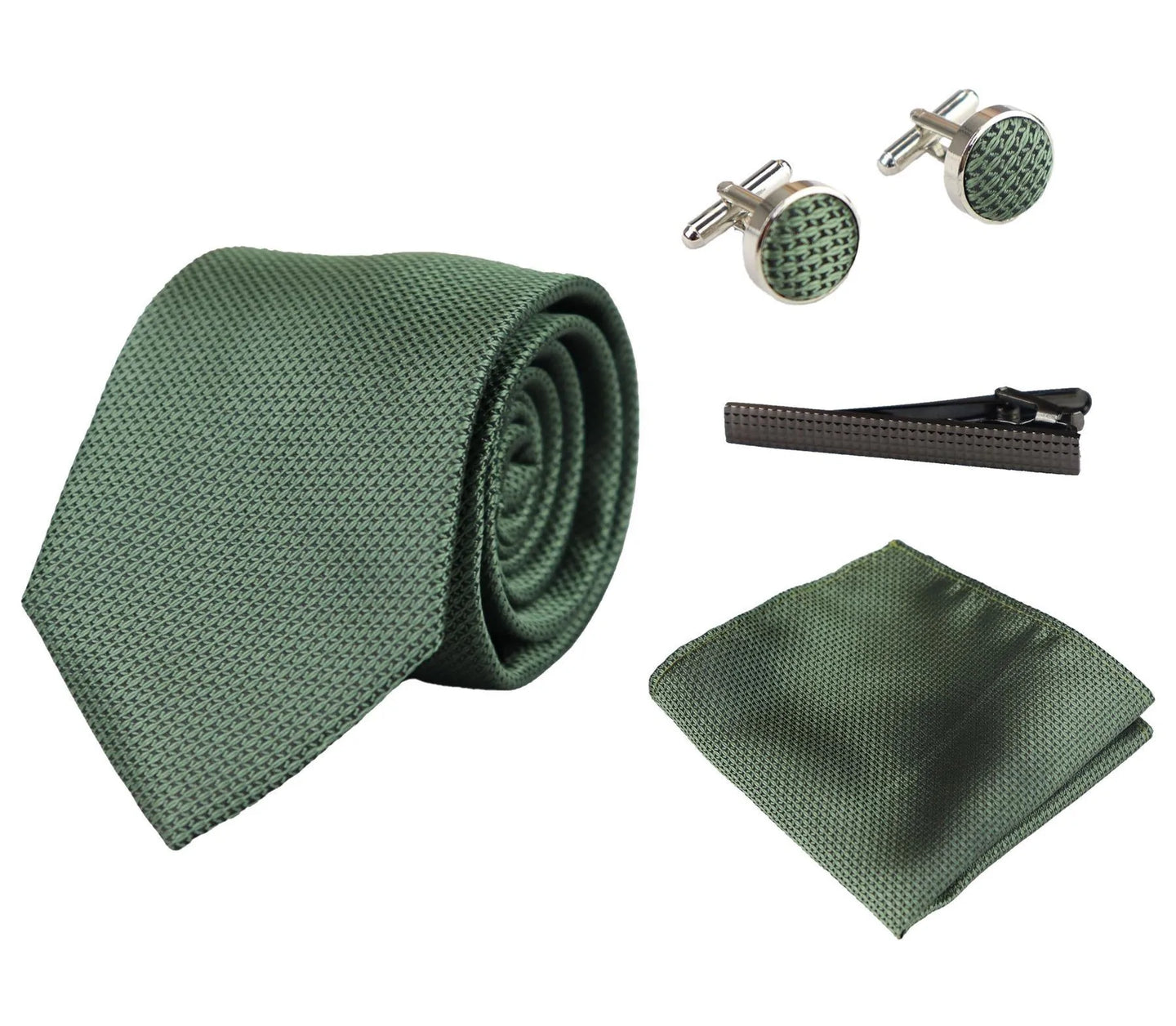 Conjunto de regalo de corbata verde texturizada de seda satinada con pañuelo de bolsillo, gemelos y corbata de satén mate.