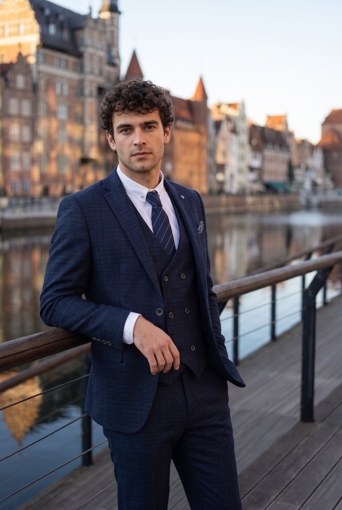 Look #344 styled with Luis - Traje de tres piezas para hombre, de corte ajustado, a cuadros azules