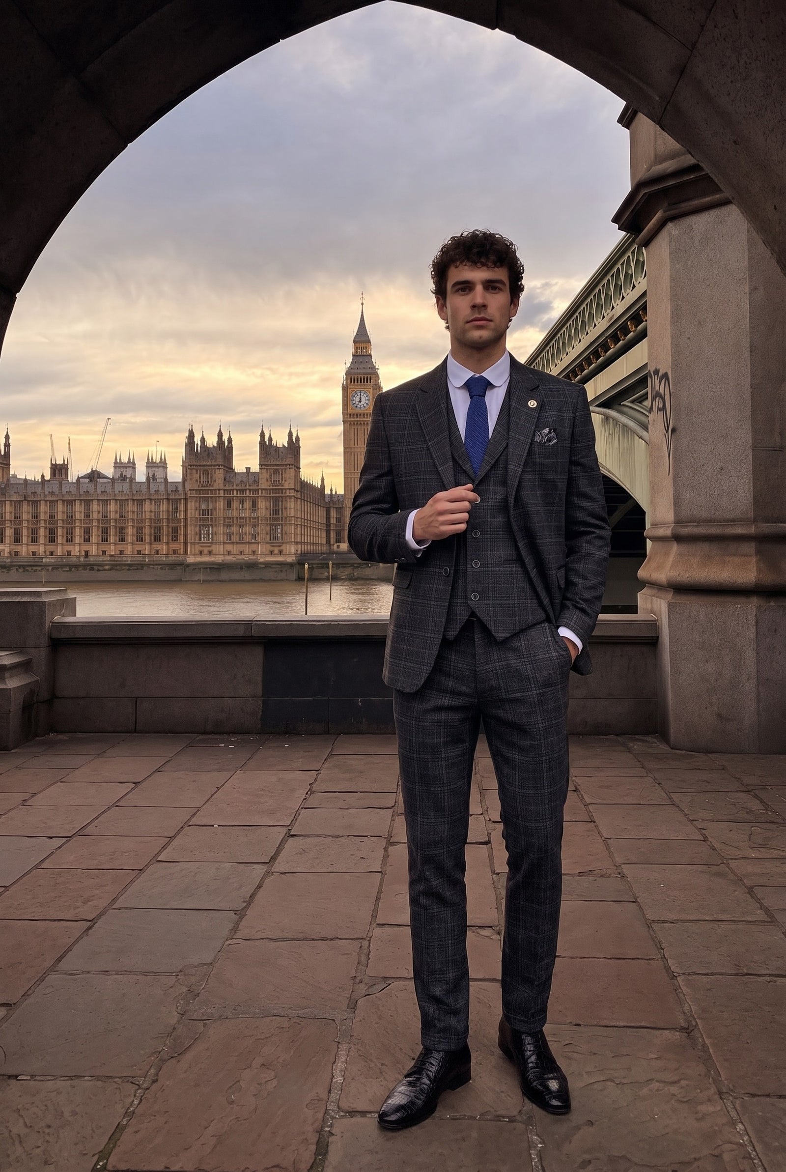 Look #323 styled with Traje de tres piezas para hombre con estampado de cuadros escoceses grises