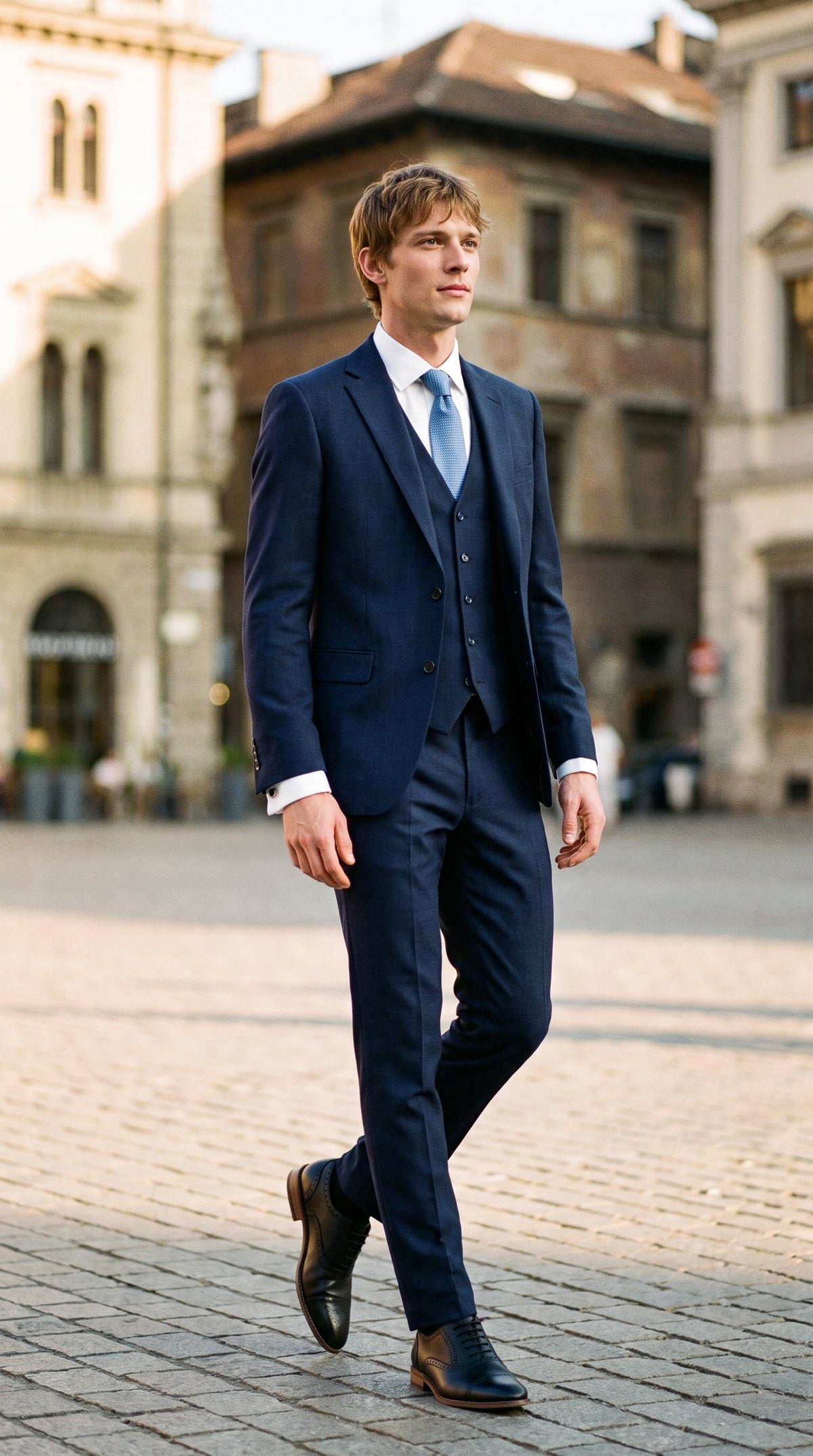 Look #822 styled with James - Traje de tres piezas de lana azul marino para hombre, corte entallado.