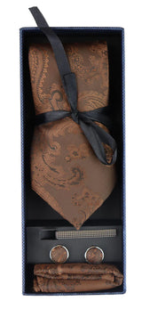 Conjunto de regalo de corbata marrón con cuello estampado paisley, pañuelo de bolsillo, gemelos y corbata de satén floral.