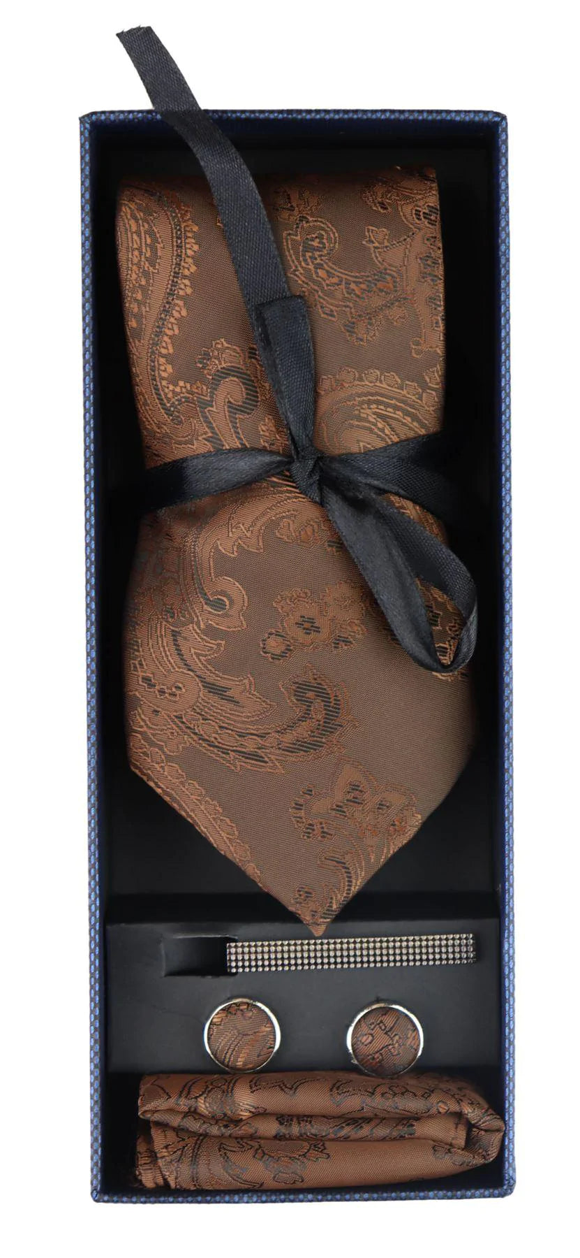 Conjunto de regalo de corbata marrón con cuello estampado paisley, pañuelo de bolsillo, gemelos y corbata de satén floral.