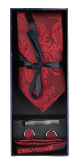 Conjunto de regalo de corbata roja con estampado paisley, pañuelo de bolsillo, gemelos y corbata de satén floral.