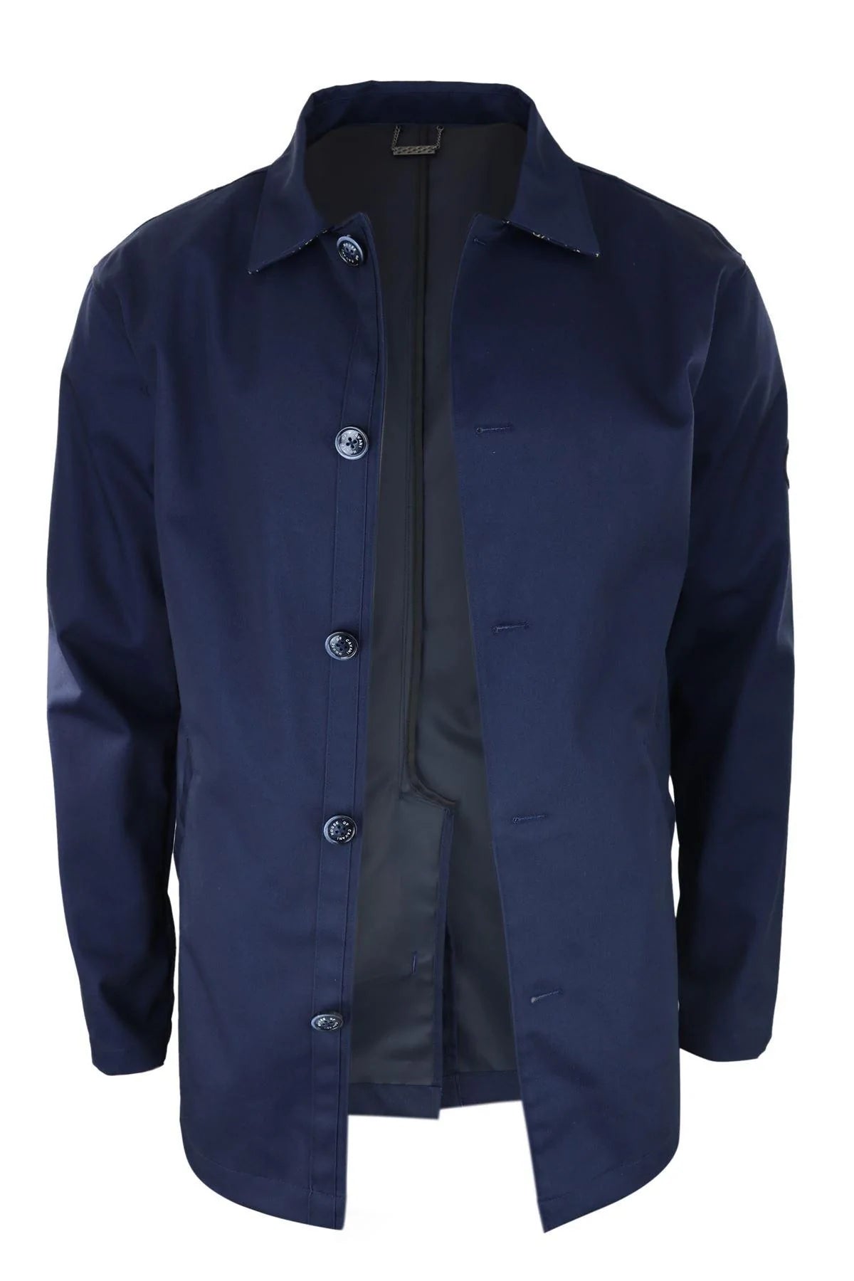 Abrigo de hombre de longitud media, ligero, elegante e informal, color azul marino.
