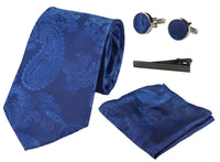 Conjunto de regalo de corbata azul con estampado paisley, pañuelo de bolsillo, gemelos y corbata de satén floral.