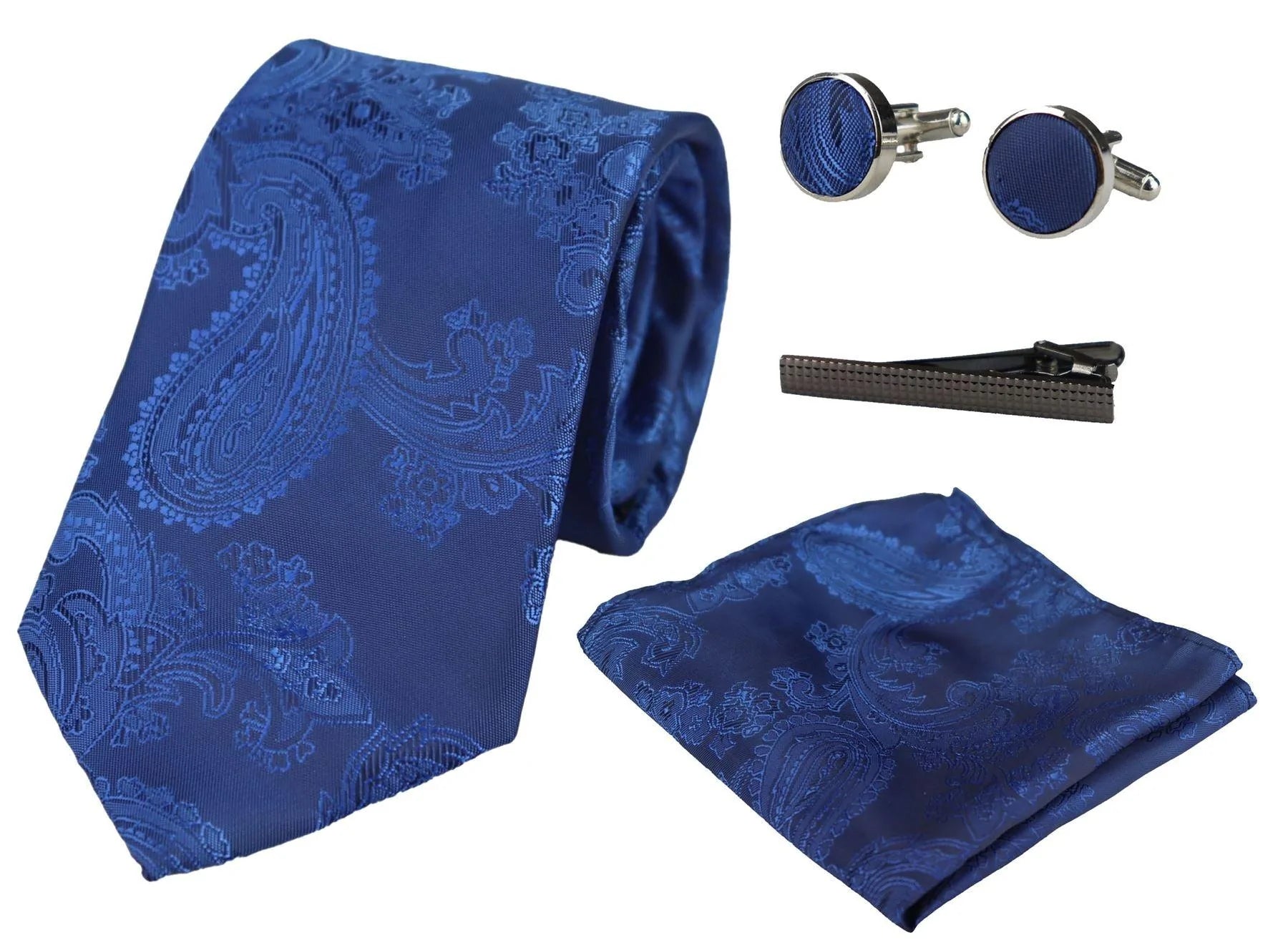 Conjunto de regalo de corbata azul con estampado paisley, pañuelo de bolsillo, gemelos y corbata de satén floral.
