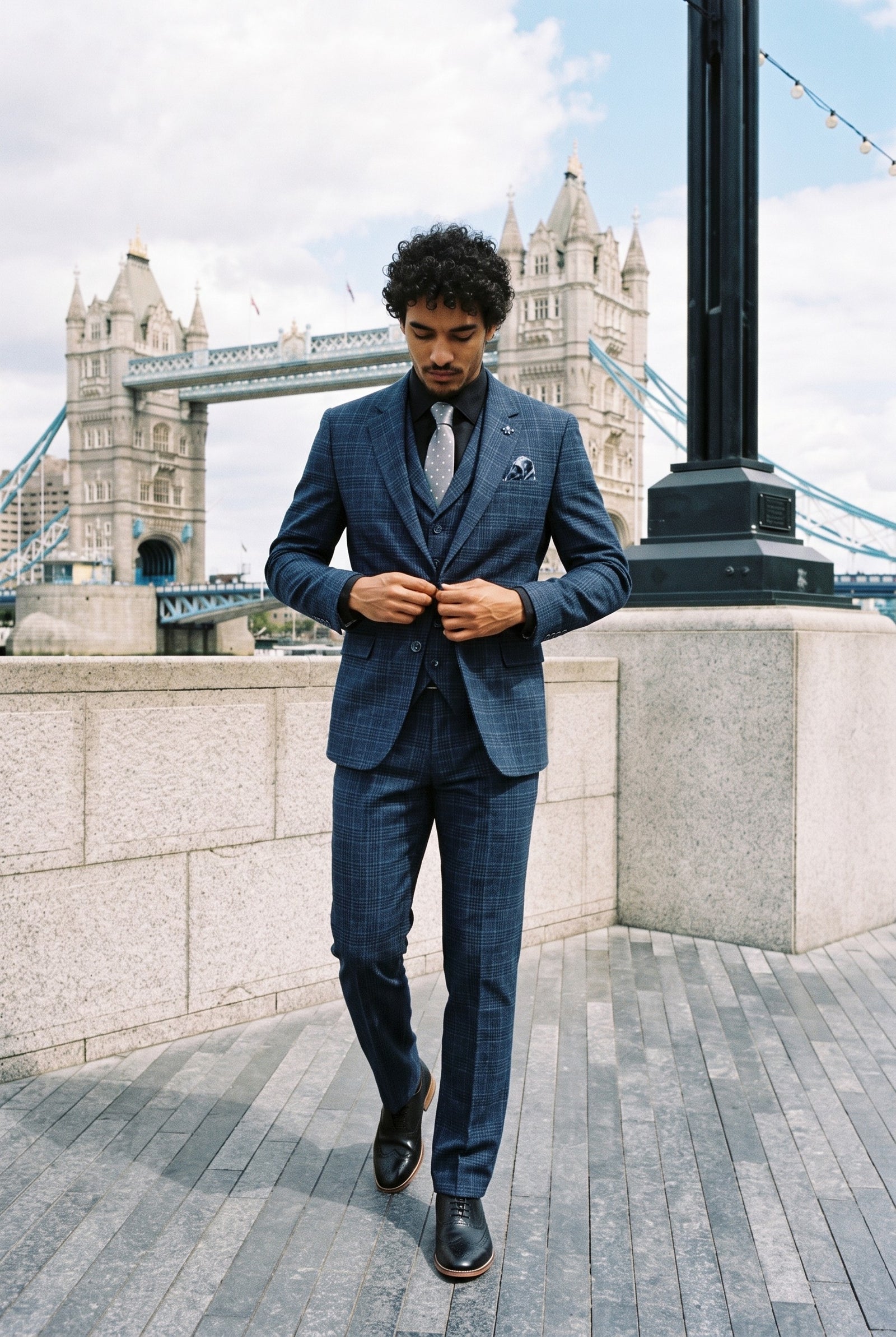 Look #980 styled with Traje de tres piezas para hombre con estampado de cuadros escoceses azules.