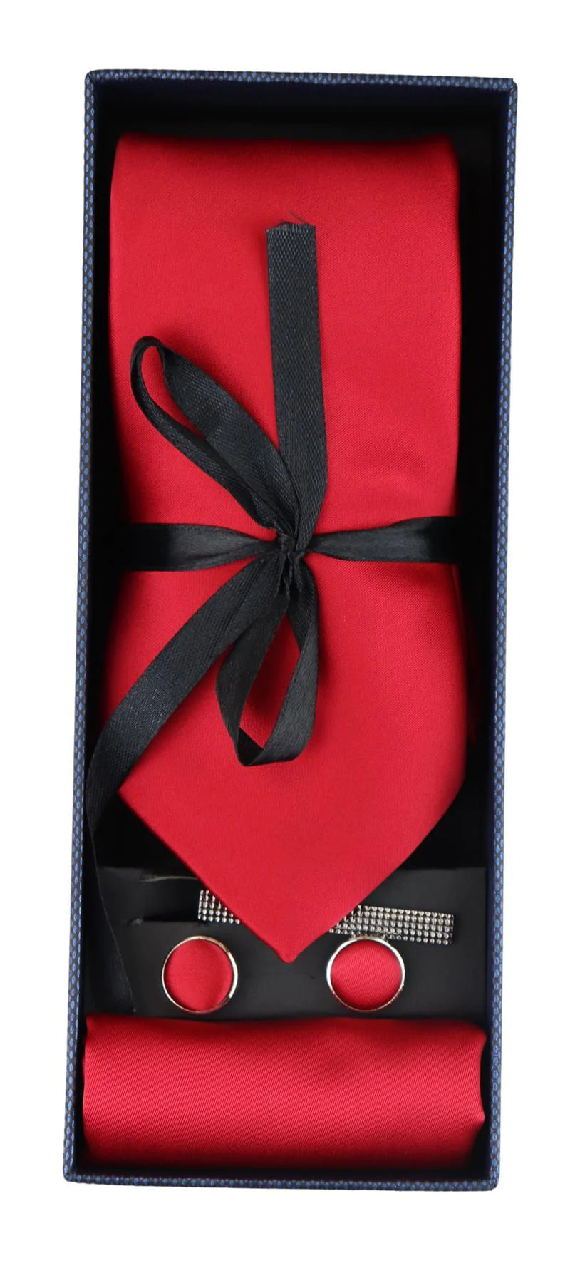 Conjunto de regalo de corbata roja de seda satinada con pañuelo de bolsillo, gemelos y corbata de satén brillante.