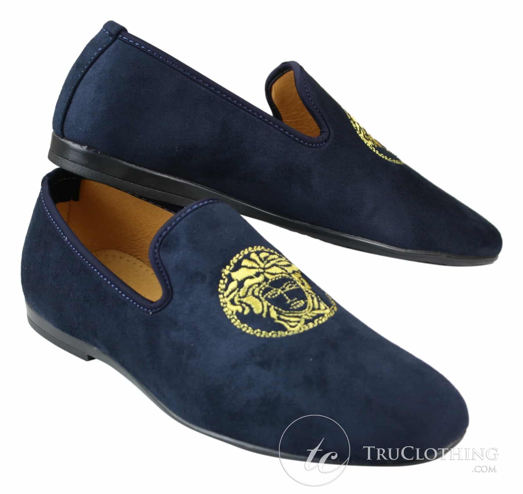 Fiorello HD0112-04 - Mocasines negros icónicos Medusa para hombre, estilo mocasín, de gamuza sintética italiana.