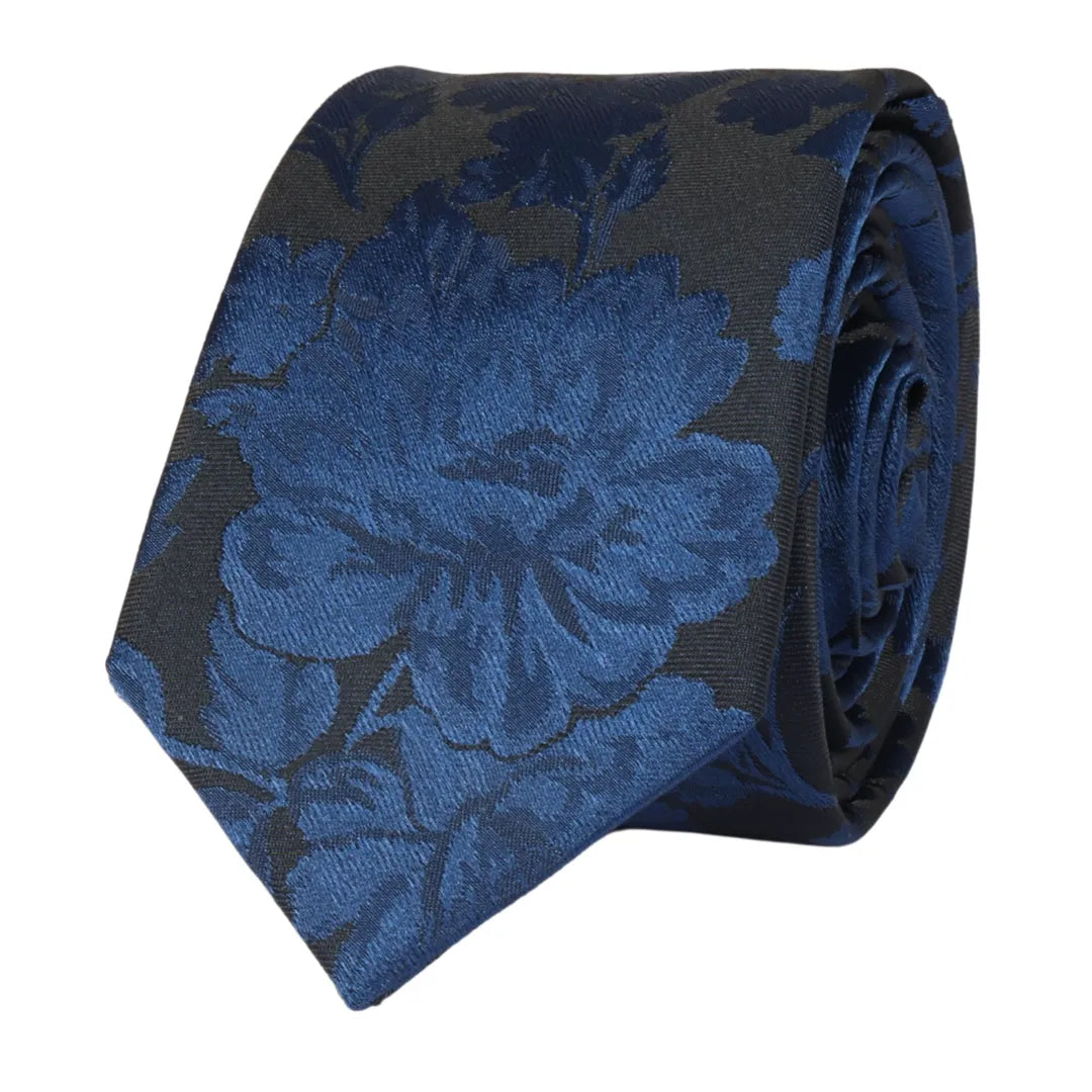 Conjunto de corbata y pañuelo de bolsillo para hombre, corbata formal floral - Azul marino