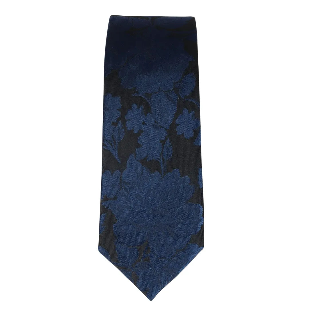 Conjunto de corbata y pañuelo de bolsillo para hombre, corbata formal floral - Azul marino